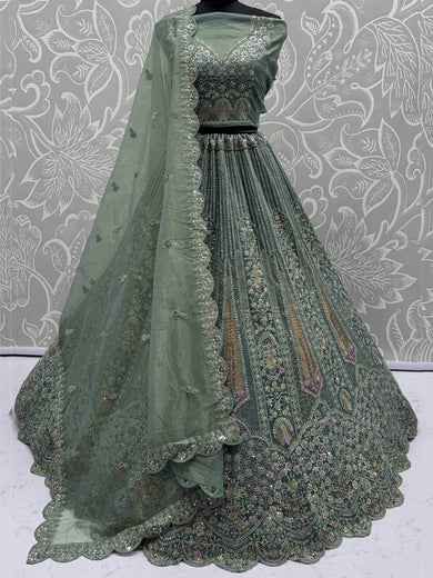 Tantalizing Green Sequins Net Engagement Wear Lehenga Choli With Dupatta